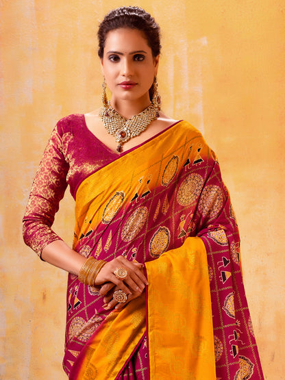 Women's Cotton Blend Maroon Woven Design Designer Saree With Blouse Piece