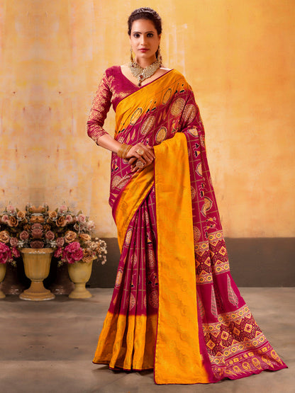 Women's Cotton Blend Maroon Woven Design Designer Saree With Blouse Piece