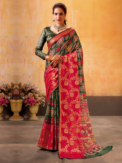 Women's Cotton Blend Green Woven Design Designer Saree With Blouse Piece