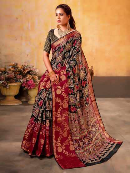 Women's Cotton Blend Black Woven Design Designer Saree With Blouse Piece