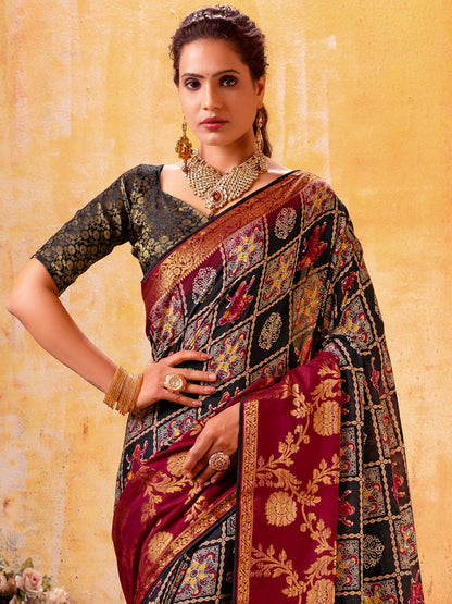Women's Cotton Blend Black Woven Design Designer Saree With Blouse Piece