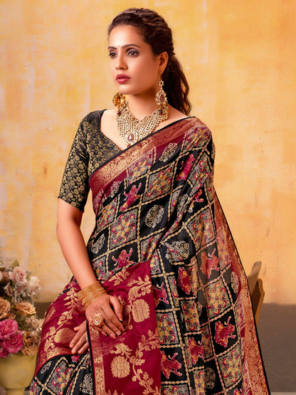Women's Cotton Blend Black Woven Design Designer Saree With Blouse Piece