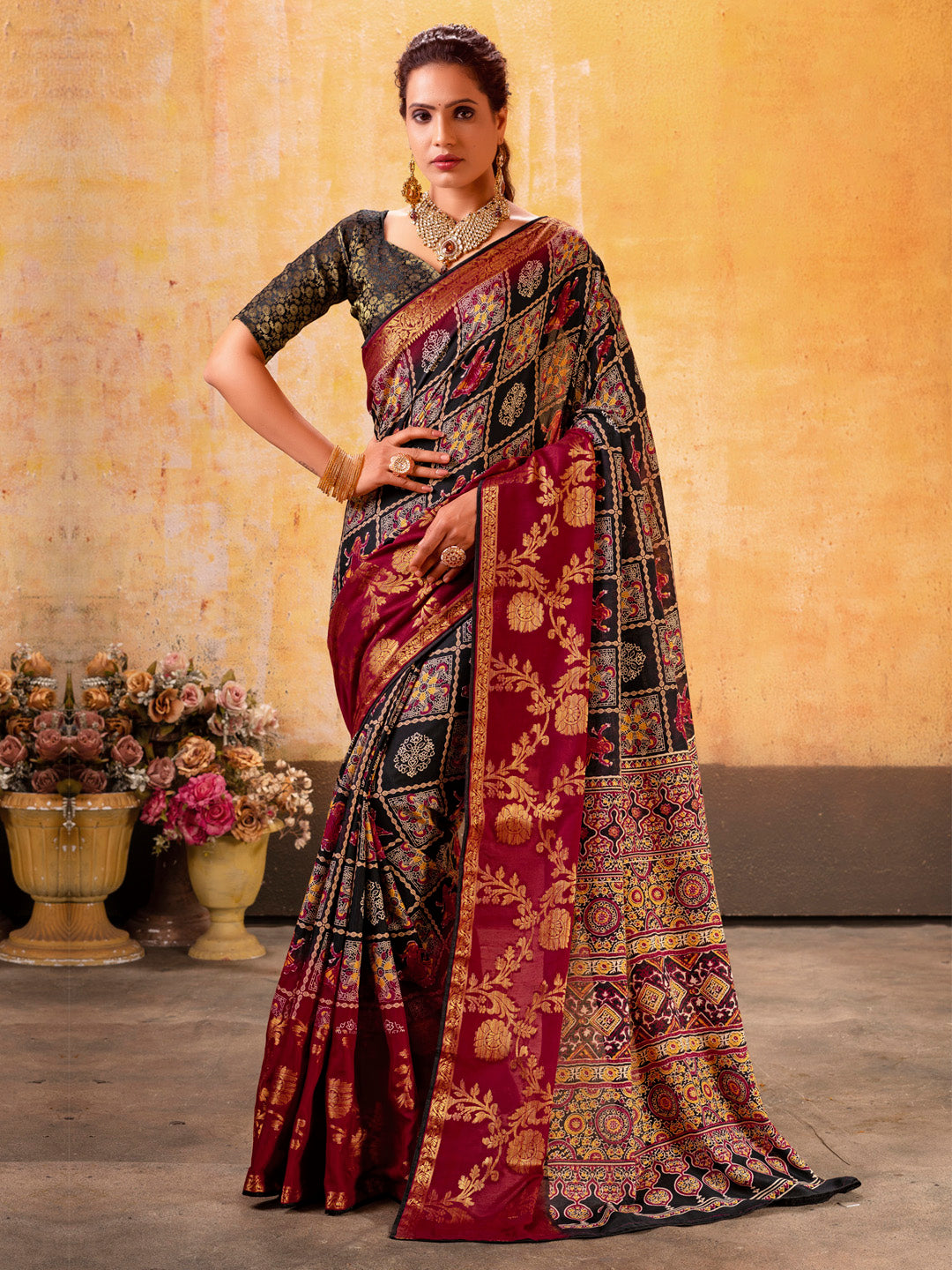 Women's Cotton Blend Black Woven Design Designer Saree With Blouse Piece