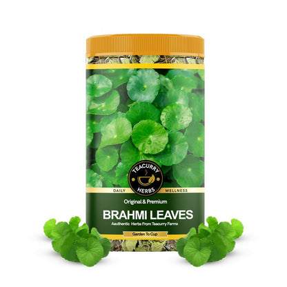 Organic Brahmi leaves from Teacurry for herbal tea, shown in fresh, green leaves ready for brewing.