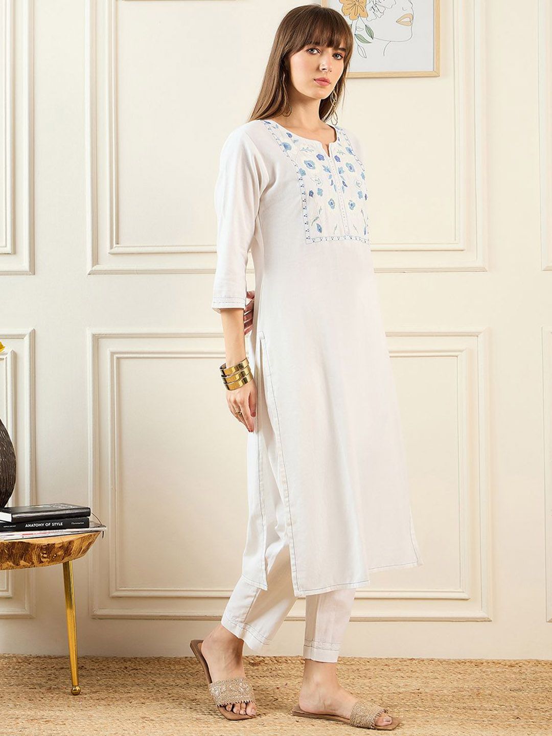 Indyancart IE Floral Embroidered Notched Neck Pure Cotton Straight Kurta With Trousers
