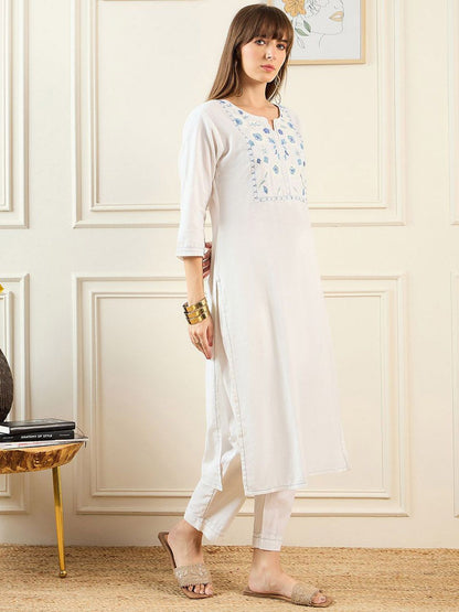 Indyancart IE Floral Embroidered Notched Neck Pure Cotton Straight Kurta With Trousers