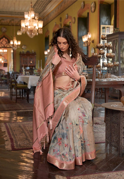 Indyancart GR Women's Blossom Peach & Grey Banarasi Digital Soft Silk Saree