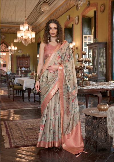 Indyancart GR Women's Blossom Peach & Grey Banarasi Digital Soft Silk Saree