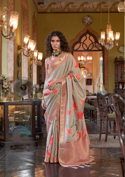 Indyancart GR Women's Blush Peach & Grey Banarasi Digital Soft Silk Saree