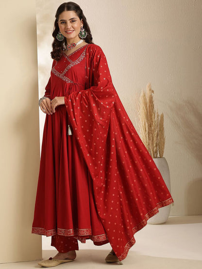 Indyancart SN Women's Embroidered V-Neck Anarkali Kurta With Trouser & Dupatta