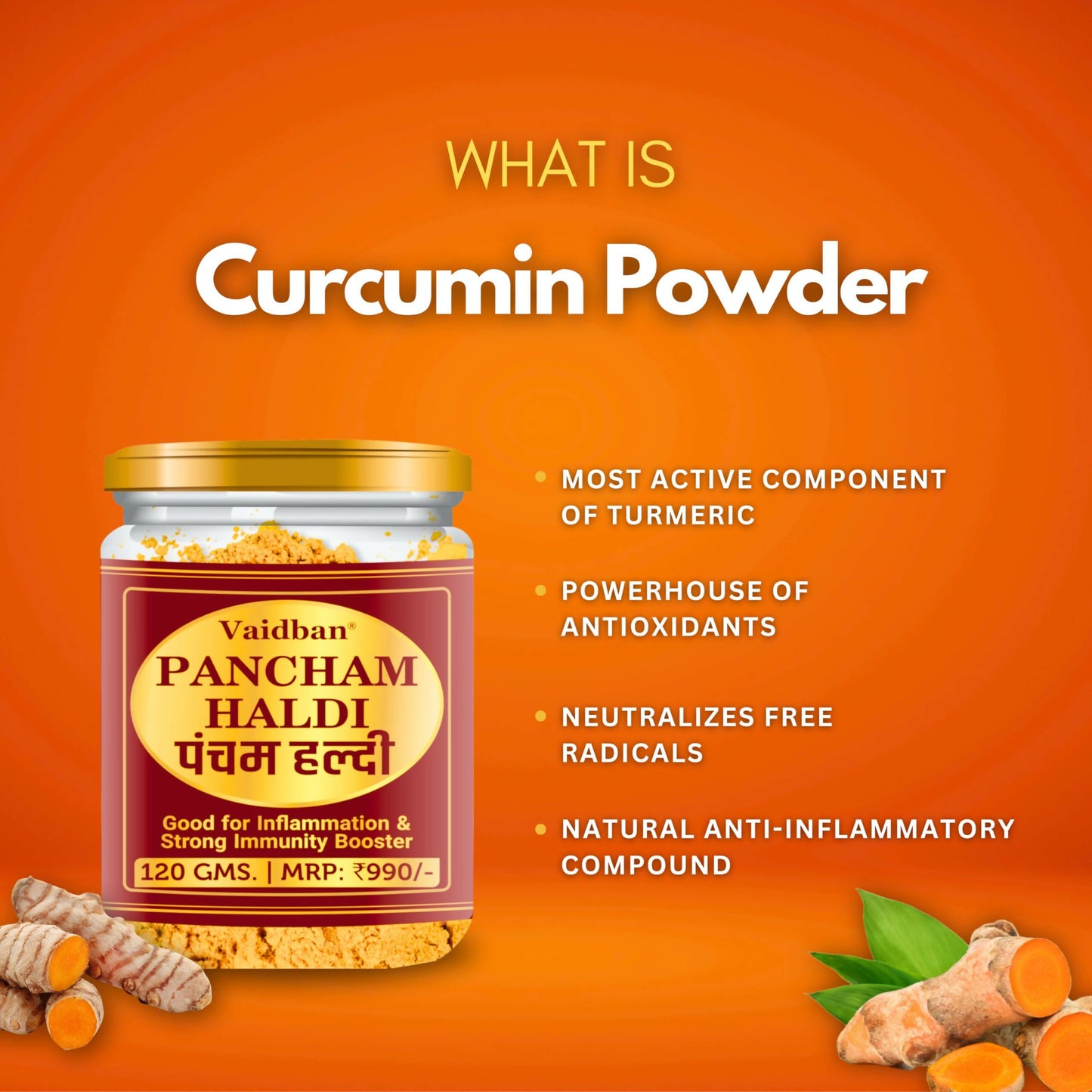 Vaidban organic Pancham Haldi powder, Ayurvedic herbal spice in a clear container, showing bright yellow turmeric powder.