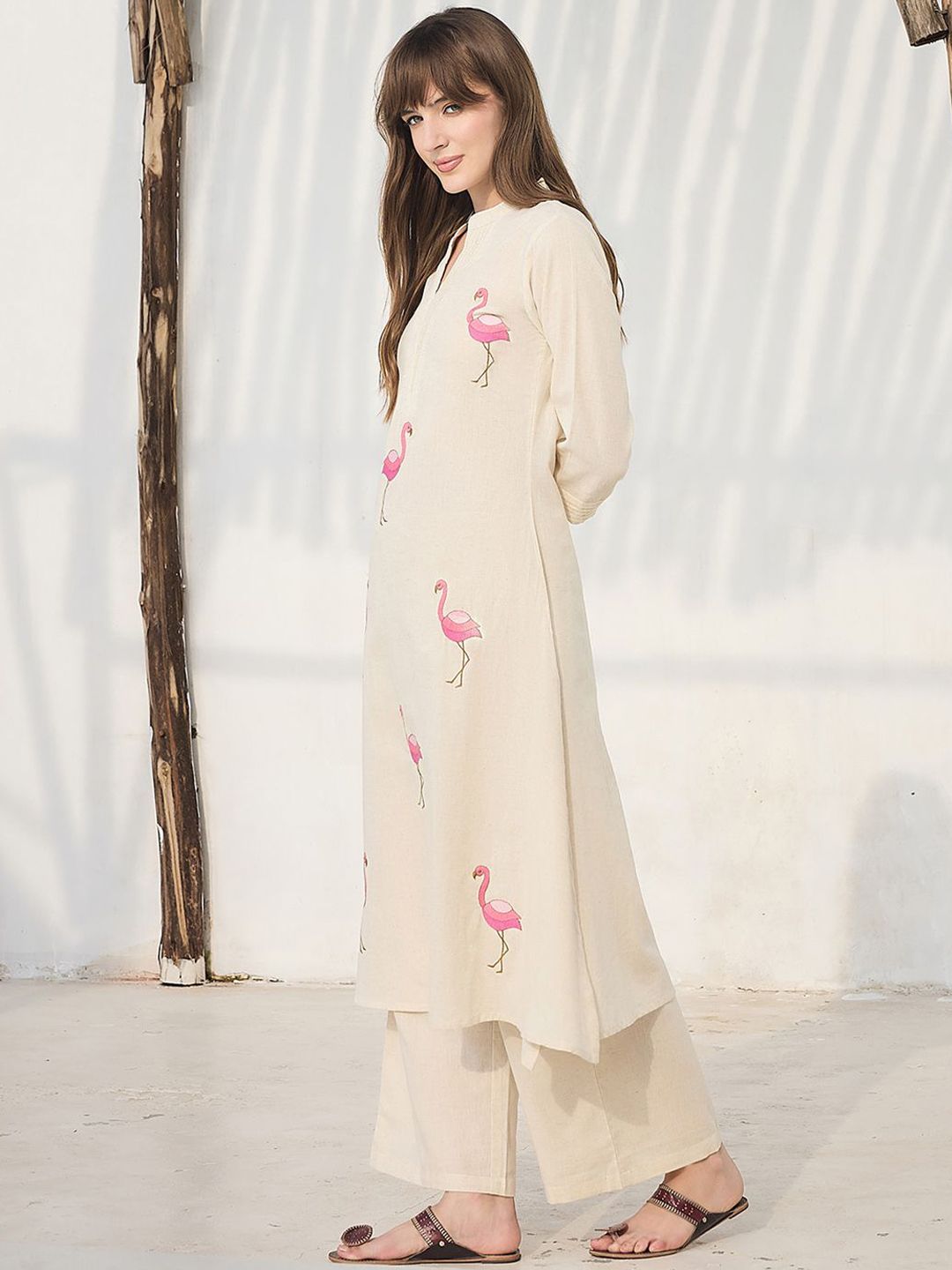 Indyancart IE Floral Printed Pure Cotton Mandarin Collar Tunic With Trousers