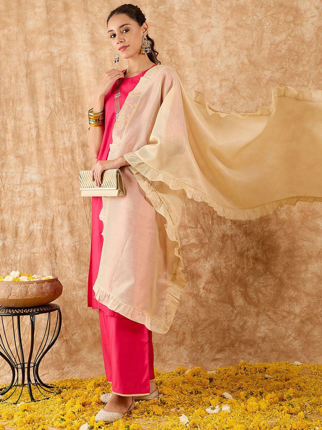 Ethnic Motifs Yoke Design Straight Thread Work Liva Kurta with Palazzos & Dupatta