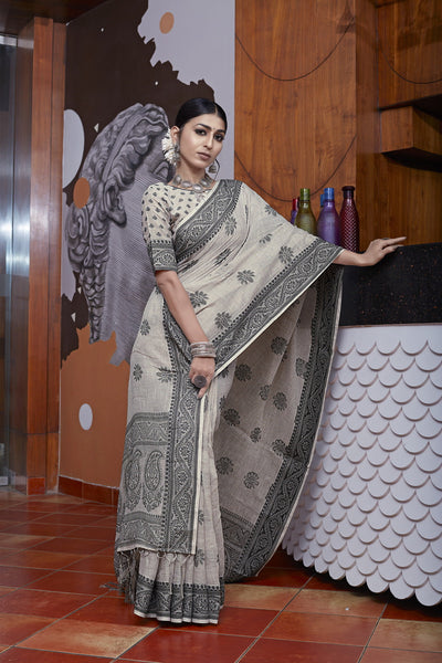 Indyancart GR Women's Pihu Pele Grey Ethnic Motif Cotton Linen Saree