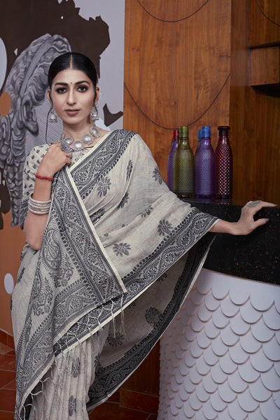 Indyancart GR Women's Pihu Pele Grey Ethnic Motif Cotton Linen Saree