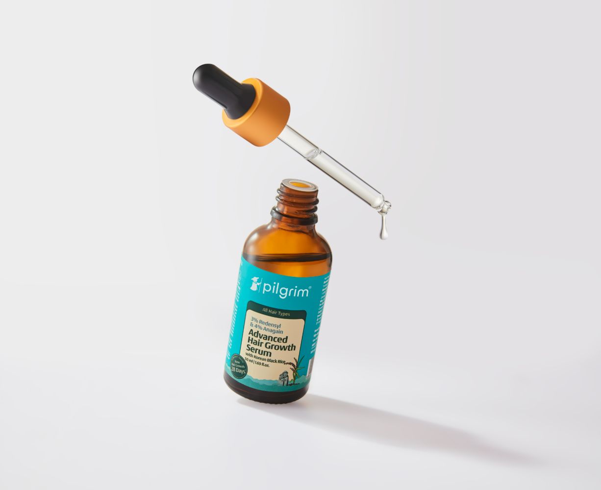 Pilgrim hair serum with 3% Redensyl, 4% Anagain, and Korean black rice for advanced hair growth treatment.