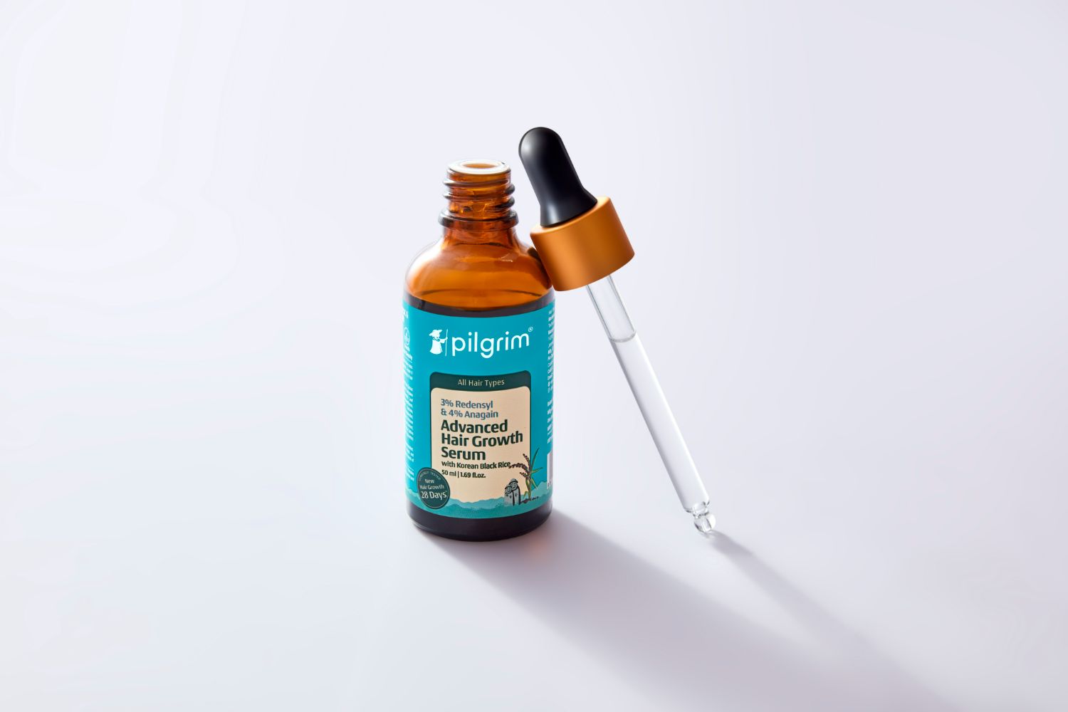 Pilgrim hair serum with redensyl, anagain, and Korean black rice for advanced hair growth treatment.