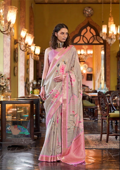 Indyancart GR Women's Blessing Pink & Grey Banarasi Digital Soft Silk Saree