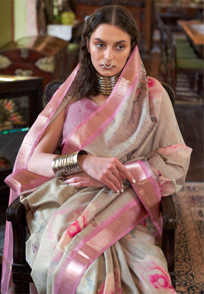 Indyancart GR Women's Blessing Pink & Grey Banarasi Digital Soft Silk Saree