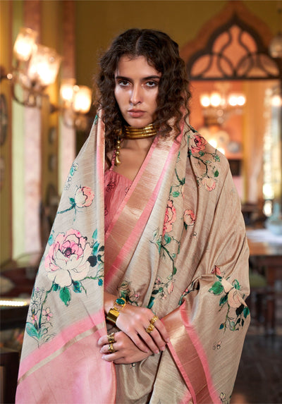 Indyancart GR Women's Baby Pink & Grey Banarasi Digital Soft Silk Saree