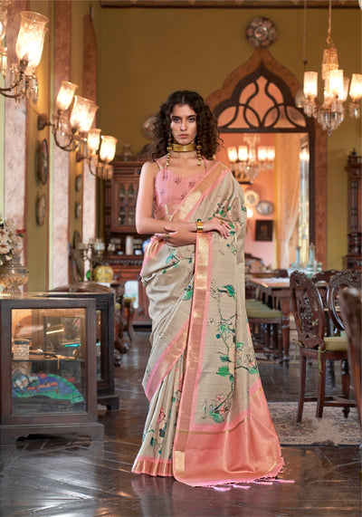 Indyancart GR Women's Baby Pink & Grey Banarasi Digital Soft Silk Saree