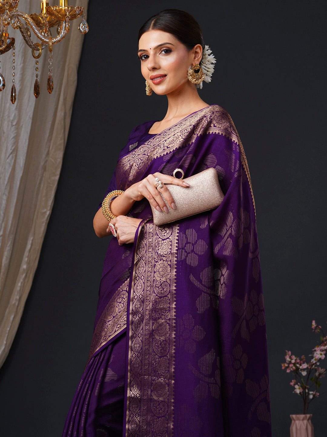 Women's Viscose Purple Woven Design Designer Saree With Blouse Piece