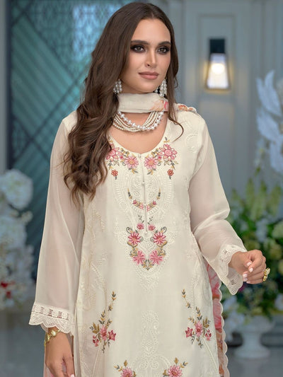 Indyancart IE Floral Embroidered Thread Work Kurta With Trousers & Dupatta