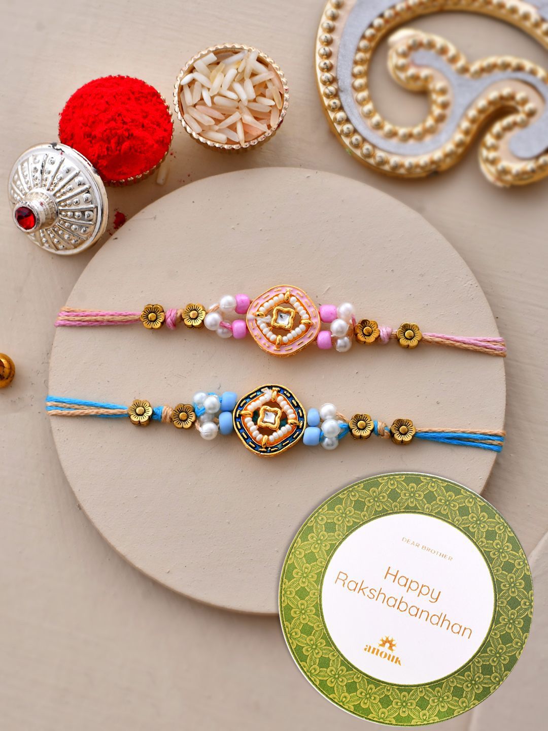 Anouk Set Of 2 Kundan Studded Thread Rakhi With Roli Chawal & Greetings Card