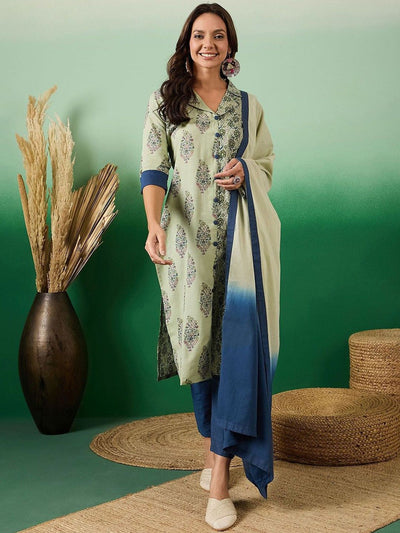 Indyancart SN Women's Floral Printed Round Neck Straight Kurta With Trousers And Dupatta