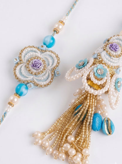 Anouk Set Of 2 Pearls & Artificial Stones Floral Bhaiya Bhabhi Rakhi With Roli Chawal