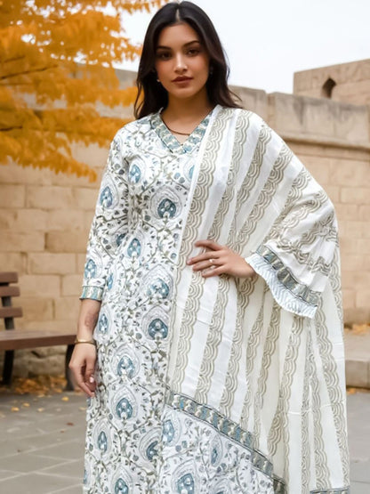 Women Ethnic Motifs Printed Cotton Kurta with Trousers & Dupatta