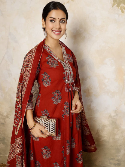 Dhiyona SN Women's Ethnic Motifs Printed Pure Cotton Anarkali Kurta with Palazzo & Dupatta
