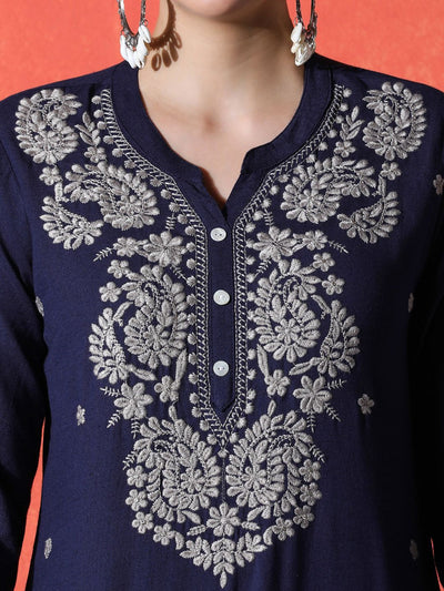 Indyancart SN Women's Floral Embroidered Mandarin Collar A-Line Kurta With Trousers & Dupatta