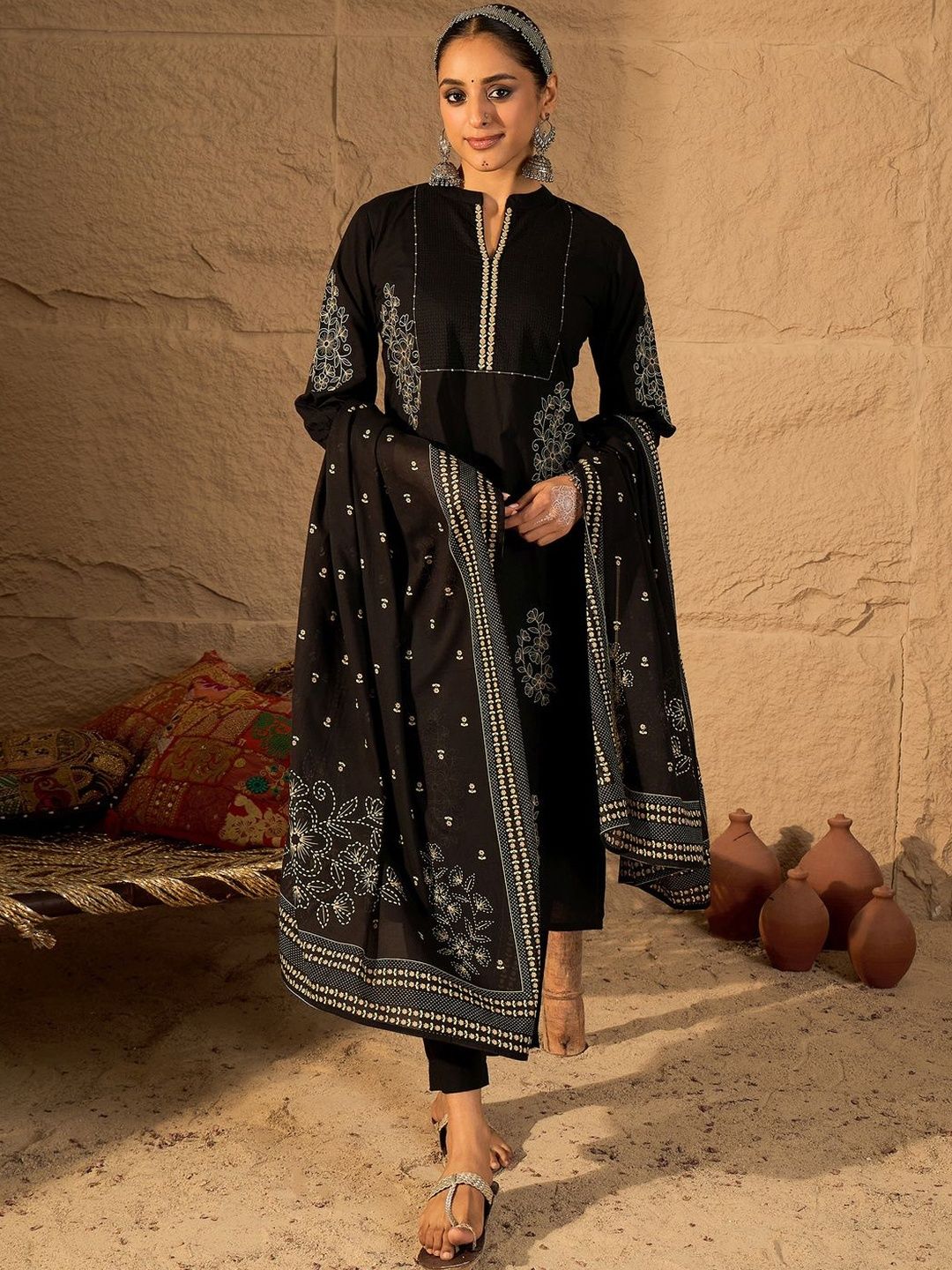 Women Ethnic Motifs Embroidered Cotton Kurta with Trousers & Dupatta