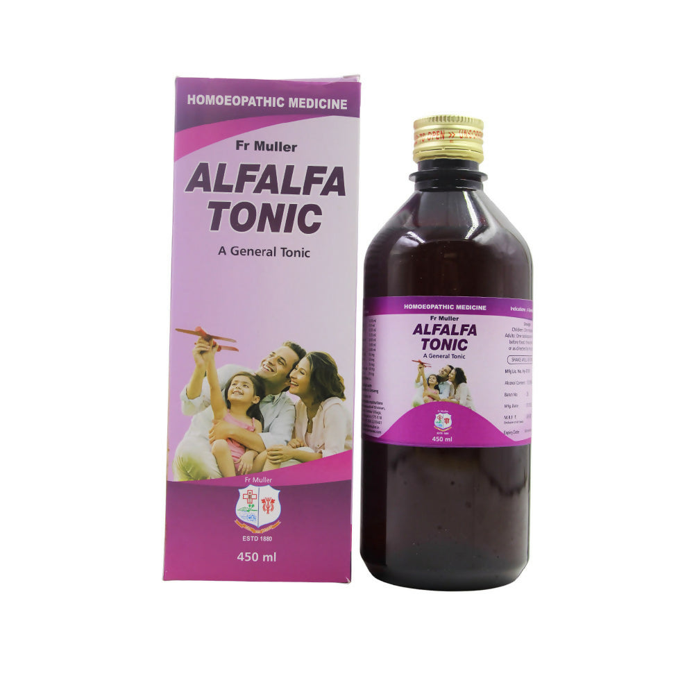 Father Muller Alfalfa Tonic homeopathy syrup bottle with label, shown on a plain background.