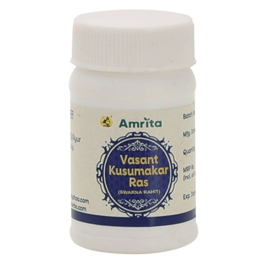 Amrita Ayurvedic Amrita Vasant Kusumakar Ras (Swarna Rahit) tablets in a blister pack, showing traditional herbal tablets.