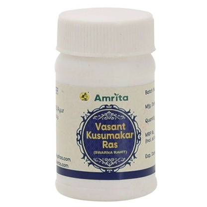 Amrita Ayurvedic Amrita Vasant Kusumakar Ras (Swarna Rahit) tablets in a blister pack, showing traditional herbal tablets.