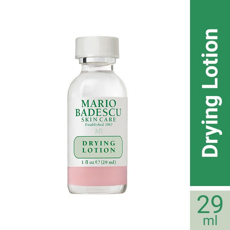 Mario Badescu Acne Spot Corrector drying lotion with salicylic acid in a clear bottle, designed for treating blemishes on the skin.