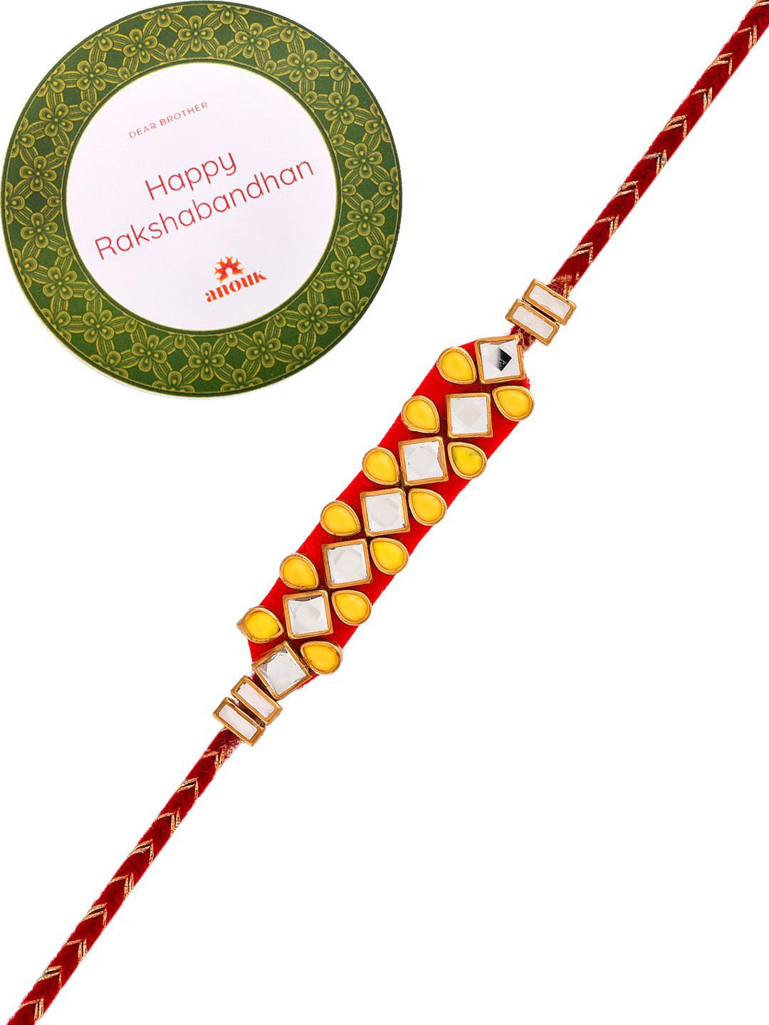 Anouk Set Of 4 Red Kundan-Studded & Beaded Rakhi With Roli Rice & Greeting Card