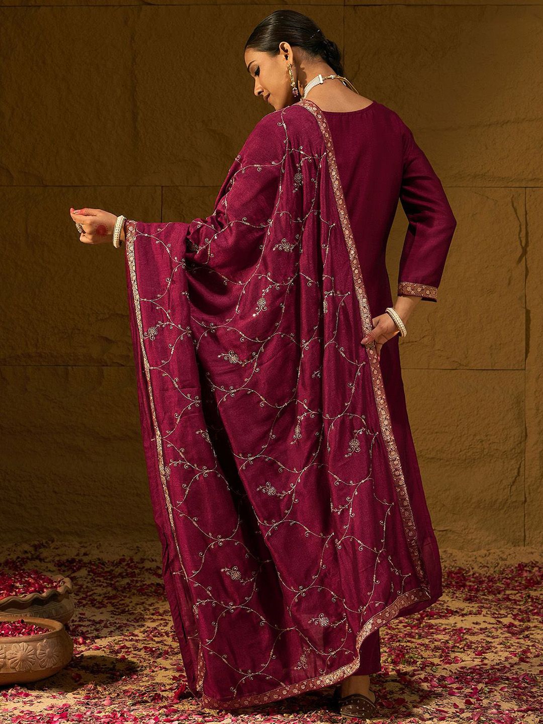 Indyancart IE Maroon Floral Embroidered V-Neck Straight Kurta with Trousers & Dupatta
