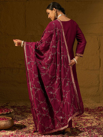 Indyancart IE Maroon Floral Embroidered V-Neck Straight Kurta with Trousers & Dupatta