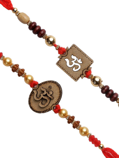 Anouk Set Of 2 Red Wooden Om Beaded Rakhi With Roli Rice & Greeting Card