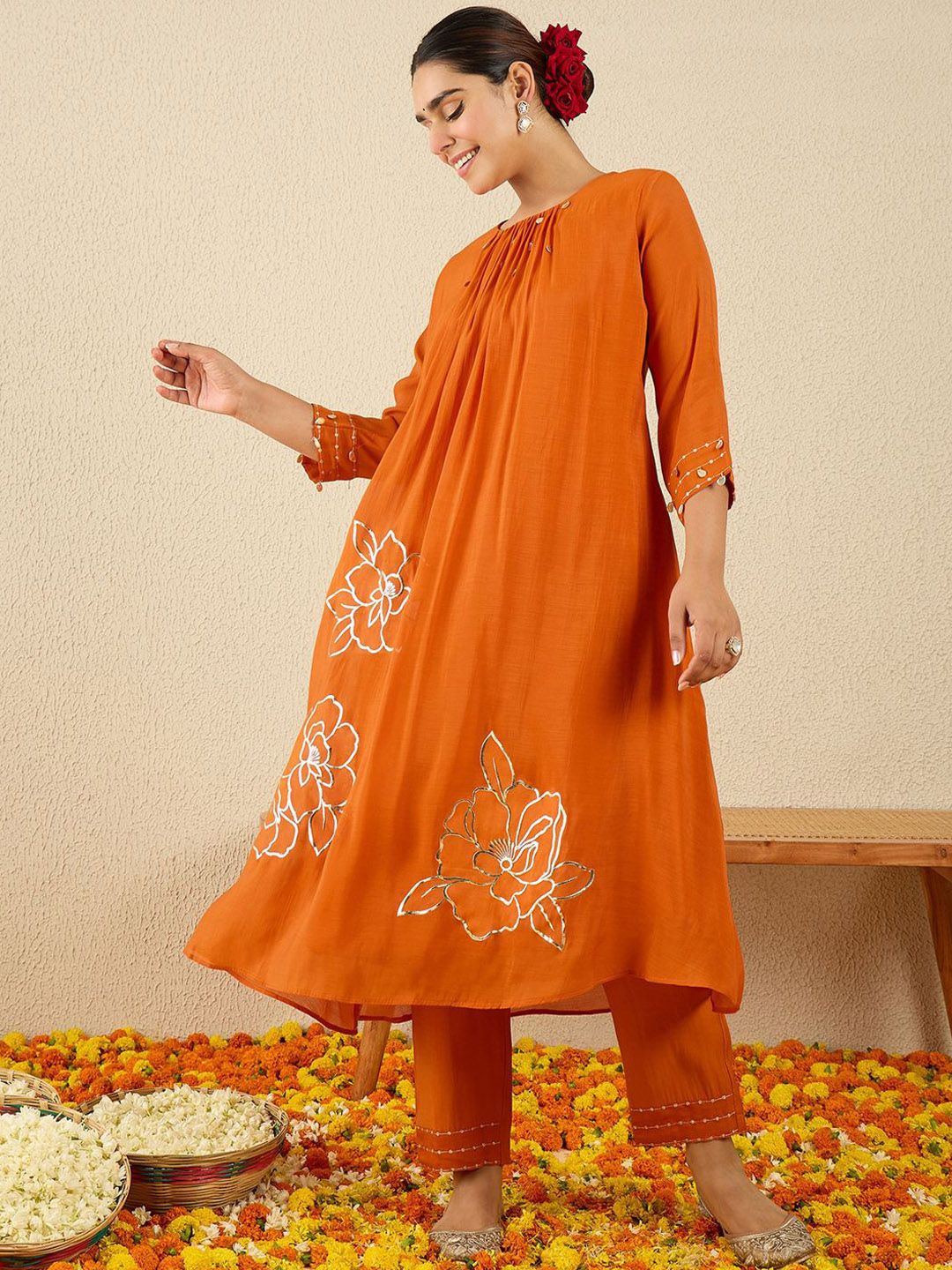 Women Floral Embroidered Regular Gotta Patti Kurta with Trousers