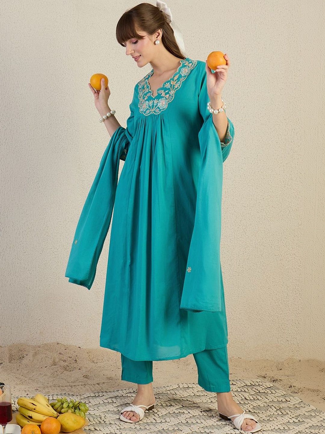 Women Ethnic Motifs Embroidered Panelled Thread Work Pure Cotton Kurta with Trousers & With Dupatta