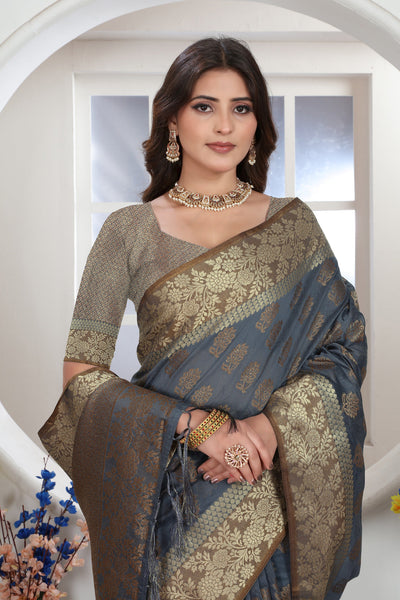 Indyancart GR Women's Grey Zari Woven Design Chanderi Cotton Saree