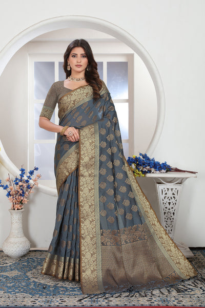 Indyancart GR Women's Grey Zari Woven Design Chanderi Cotton Saree
