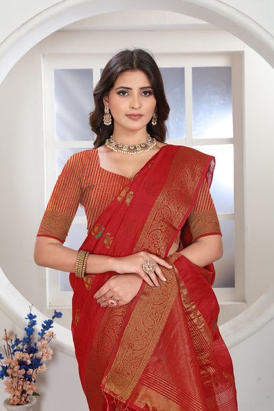 Indyancart GR Women's Red Zari Woven Design Chanderi Cotton Saree