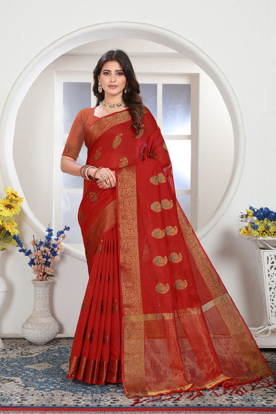 Indyancart GR Women's Red Zari Woven Design Chanderi Cotton Saree