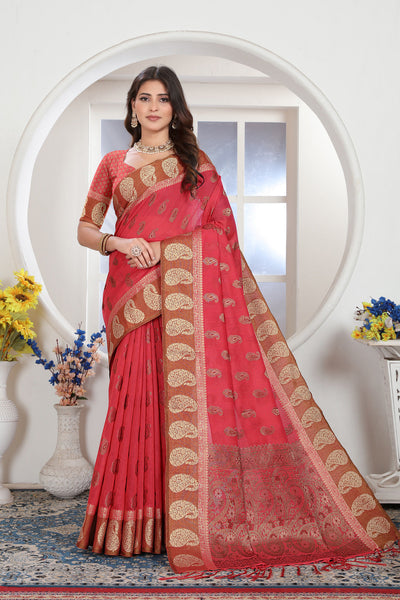Indyancart GR Women's Pink Zari Woven Design Chanderi Cotton Saree