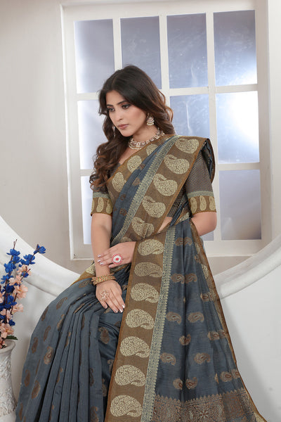 Indyancart GR Women's Grey Zari Woven Design Chanderi Cotton Saree